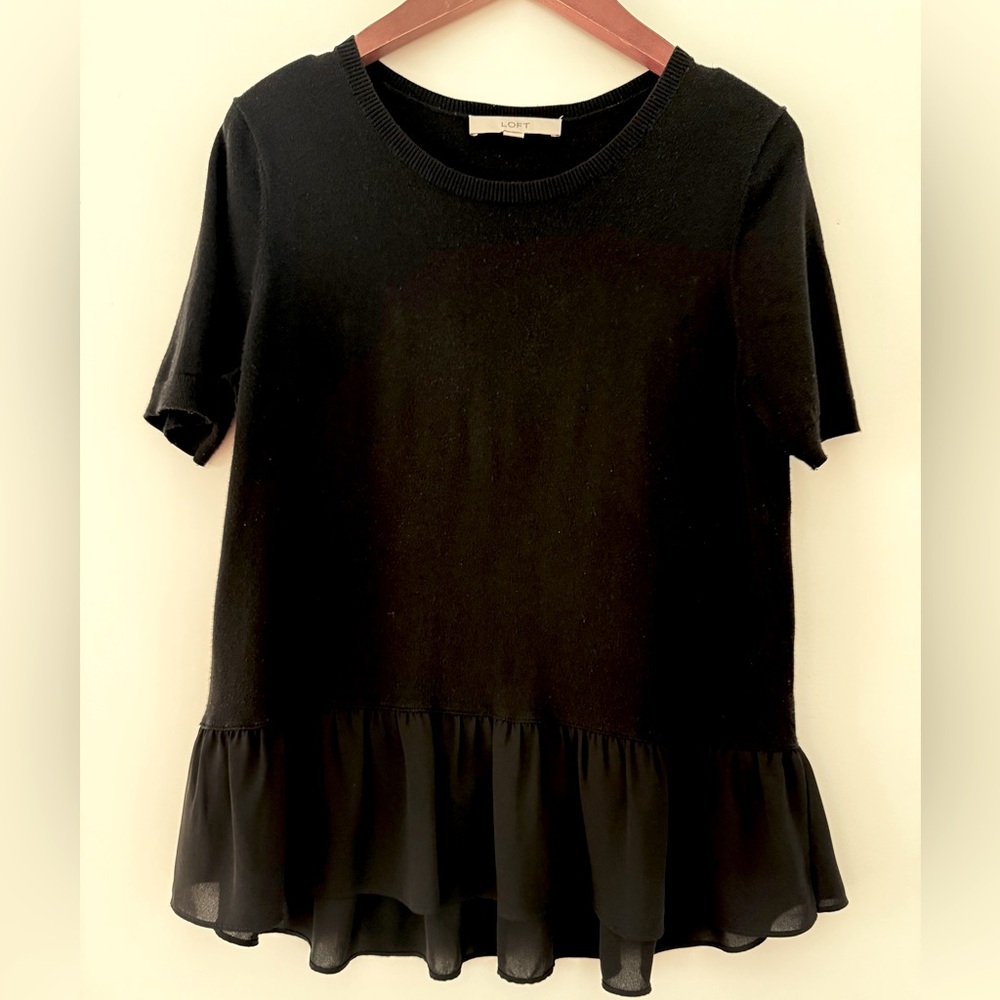 LOFT Women Blouse Elegant Black Ruffle Chiffon Hem Top Women’s Shirt Size M